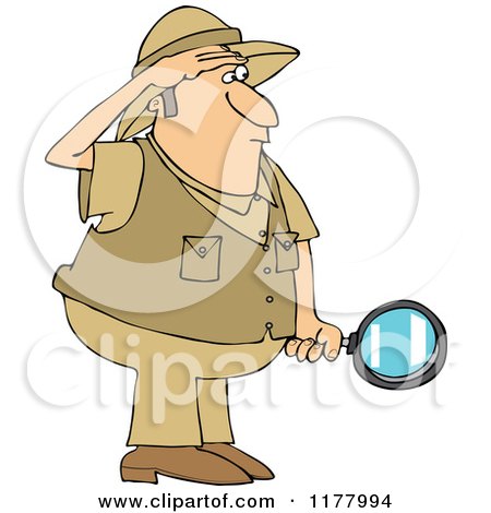 Cartoon of a Safari Man Holding a Magnifying Glass - Royalty Free Vector Clipart by djart