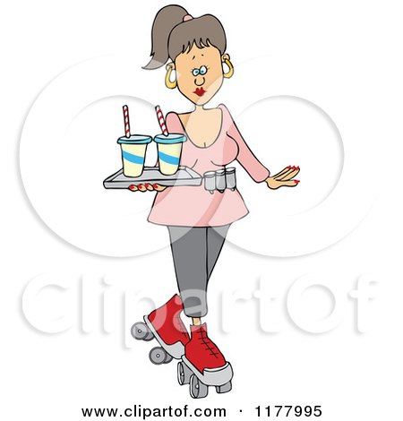 Cartoon of a Roller Skating Carhop Waitress with Drinks on a Tray - Royalty Free Vector Clipart by djart