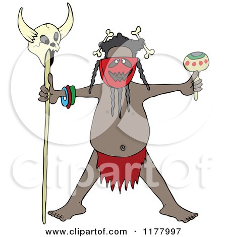 Cartoon of a Tribal Head Hunter Man Holding a Maraca and a Skull on a Stick - Royalty Free Vector Clipart by djart
