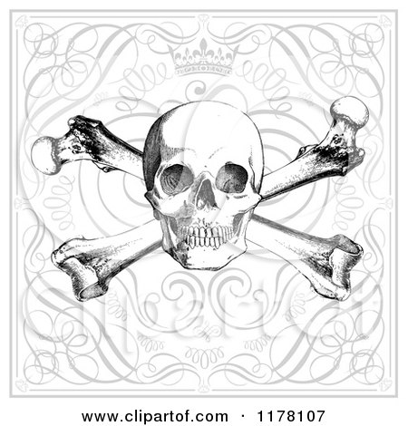 Clipart of a Skull and Crossbones over Swirls and a Crown - Royalty Free Vector Illustration by BestVector