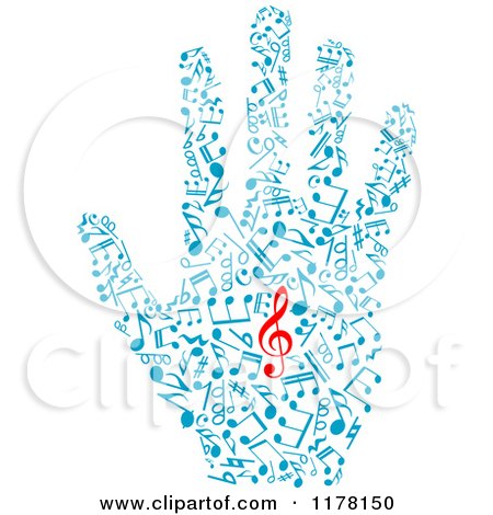 Clipart of a Hand of Blue Music Notes with a Red Clef in the Center - Royalty Free Vector Illustration by Vector Tradition SM