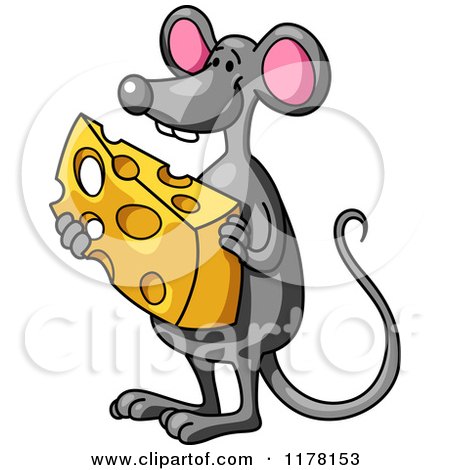 Cartoon of a Happy Gray Mouse Holding Cheese - Royalty Free Vector Clipart by Vector Tradition SM