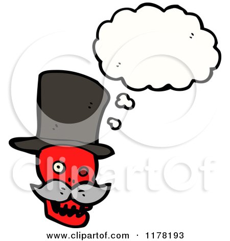 Cartoon of a Red Skull in a Top Hat with a Mustache and a Conversation Bubble - Royalty Free Vector Illustration by lineartestpilot