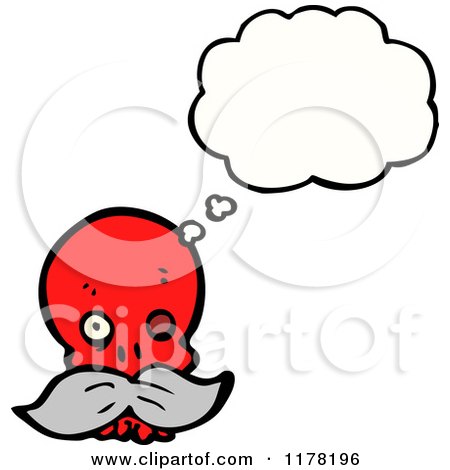 Cartoon of a Red Skull with a Mustache and a Conversation Bubble - Royalty Free Vector Illustration by lineartestpilot