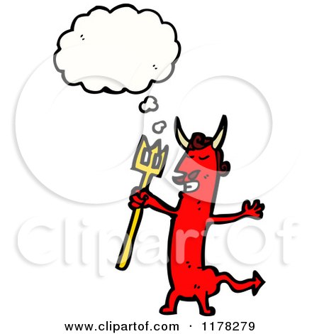Cartoon of a Red Demon with a Pitchfork and a Conversation Bubble - Royalty Free Vector Illustration by lineartestpilot