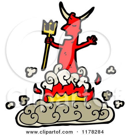Cartoon of a Red Devil with a Pitchfork and Flames - Royalty Free Vector Illustration by lineartestpilot