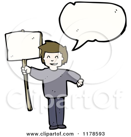 Cartoon of a Man Holding a Sign with a Conversation Bubble - Royalty Free Vector Illustration by lineartestpilot