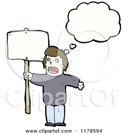 Cartoon of a Man Holding a Sign with a Conversation Bubble - Royalty Free Vector Illustration by lineartestpilot