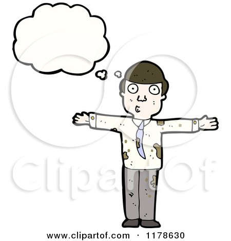 Cartoon of a Man with Muddy Clothes and a Conversation Bubble - Royalty Free Vector Illustration by lineartestpilot