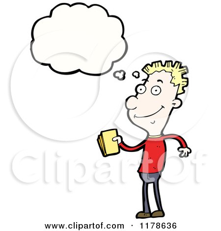 Cartoon of a Man Holding a Book with a Conversation Bubble - Royalty Free Vector Illustration by lineartestpilot