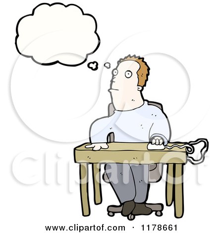 Cartoon of a Man Sitting at a Computer Desk with a Conversation Bubble - Royalty Free Vector Illustration by lineartestpilot