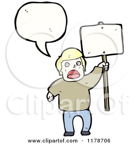 Cartoon of a Man Holding a Sign and a Conversation Bubble - Royalty Free Vector Illustration by lineartestpilot