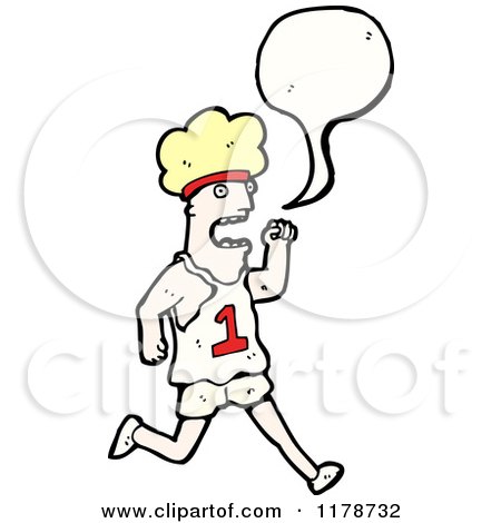 Cartoon of a Man Running a Foot Race with a Conversation Bubble - Royalty Free Vector Illustration by lineartestpilot