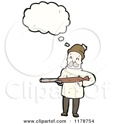 Cartoon of a Man Holding a Rifle with a Conversation Bubble - Royalty Free Vector Illustration by lineartestpilot