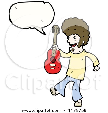Cartoon of a Man Holding a Guitar with a Conversation Bubble - Royalty Free Vector Illustration by lineartestpilot