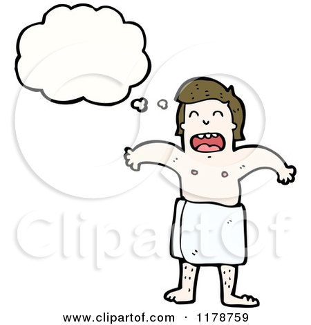 Cartoon of a Man Wearing a Towel with a Conversation Bubble - Royalty Free Vector Illustration by lineartestpilot