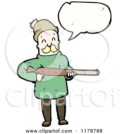Cartoon of a Man Holding a Rifle with a Conversation Bubble - Royalty Free Vector Illustration by lineartestpilot