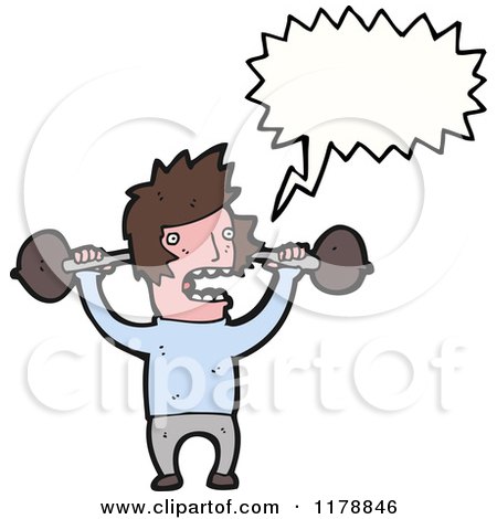 Cartoon of a Man with Barbells and a Conversation Bubble - Royalty Free Vector Illustration by lineartestpilot