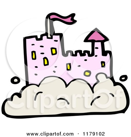 Cartoon of a Pink Castle in a Cloud - Royalty Free Vector Illustration by lineartestpilot