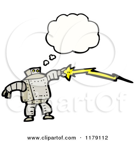 Cartoon of a Robot with a Lightning Bolt Conversation Bubble - Royalty Free Vector Illustration by lineartestpilot