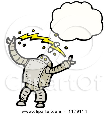 Cartoon of a Robot with a Lightning Bolt Conversation Bubble - Royalty Free Vector Illustration by lineartestpilot
