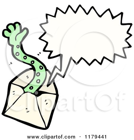 Cartoon of an Envelope with a Greem Arm and a Conversation Bubble - Royalty Free Vector Illustration by lineartestpilot