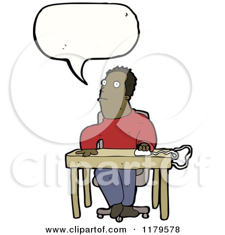 Cartoon of an African American Man at Computer Desk Speaking - Royalty Free Vector Illustration by lineartestpilot