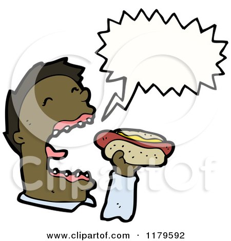 Cartoon of an African American Man Eating a Hotdog and Speaking - Royalty Free Vector Illustration by lineartestpilot