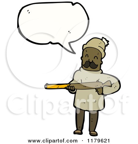 Cartoon of an African American Man with a Rifle Speaking - Royalty Free Vector Illustration by lineartestpilot