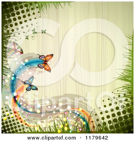 Clipart of a Spring Time Butterfly Halftone and Grass Wood Background - Royalty Free Vector Illustration by merlinul