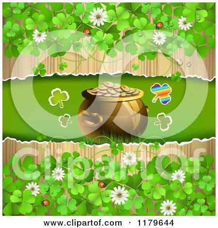 Clipart of a Torn Wood Background with Clovers Flowers Around a Leprechauns Pot of Gold - Royalty Free Vector Illustration by merlinul