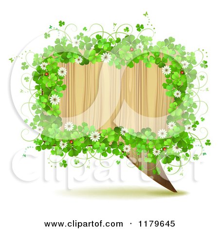 Clipart of a Wooden Speech Balloon Framed in Shamrocks Flowers and Ladybugs - Royalty Free Vector Illustration by merlinul
