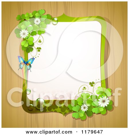 Clipart of a Butterfly Shamrock and Clover Flower Frame over Wood - Royalty Free Vector Illustration by merlinul