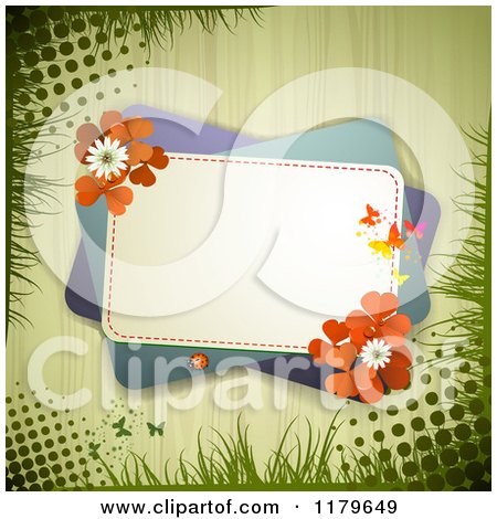 Clipart of a Green Rectangles with Butterflies a Ladybug Clover Flowers and Red Shamrocks over Wood with Grass and Grunge - Royalty Free Vector Illustration by merlinul