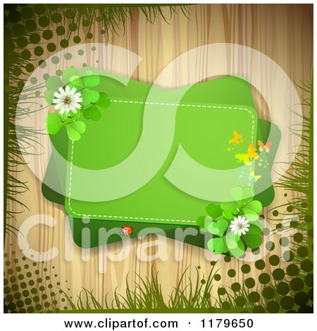 Clipart of a Green Rectangles with Butterflies a Ladybug Clover Flowers and Shamrocks over Wood with Grass and Grunge - Royalty Free Vector Illustration by merlinul