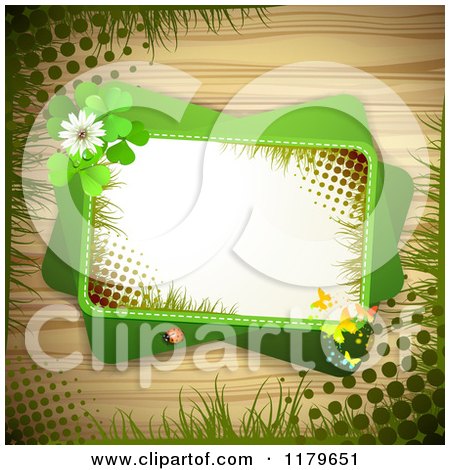 Clipart of a Green Rectangles with Butterflies a Ladybug Clover Flowers and Shamrocks over Wood with Grass and Grunge 2 - Royalty Free Vector Illustration by merlinul