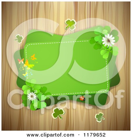 Clipart of a Green Rectangles with Butterflies Clover Flowers and Shamrocks over Wood - Royalty Free Vector Illustration by merlinul