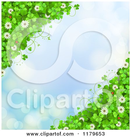 Clipart of a Blue Sparkle Background with Shamrocks Flowers and Ladybugs on the Corners - Royalty Free Vector Illustration by merlinul