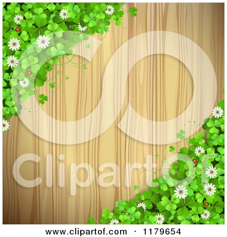 Clipart of a Wooden Background with Shamrocks Flowers and Ladybugs on the Corners - Royalty Free Vector Illustration by merlinul