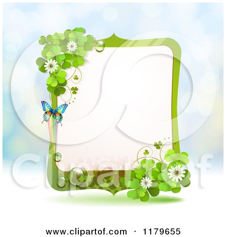 Clipart of a Butterfly Shamrock and Clover Flower Frame over Blue Sparkles - Royalty Free Vector Illustration by merlinul