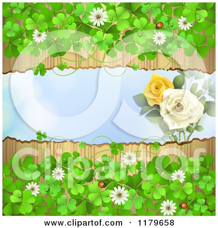 Clipart of a Torn Wood Background with Roses Clovers Flowers and Ladybugs - Royalty Free Vector Illustration by merlinul