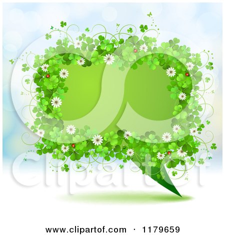 Clipart of a Speech Balloon Framed in Shamrocks Flowers and Ladybugs - Royalty Free Vector Illustration by merlinul