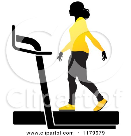 Clipart of a Silhouetted Woman in a Yellow Outfit, Walking on a Treadmill - Royalty Free Vector Illustration by Lal Perera