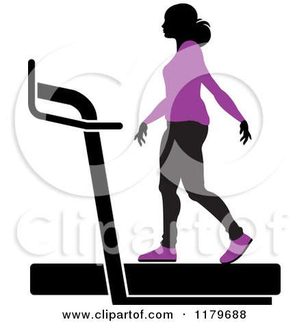 Clipart of a Silhouetted Woman in a Purple Outfit, Walking on a Treadmill - Royalty Free Vector Illustration by Lal Perera
