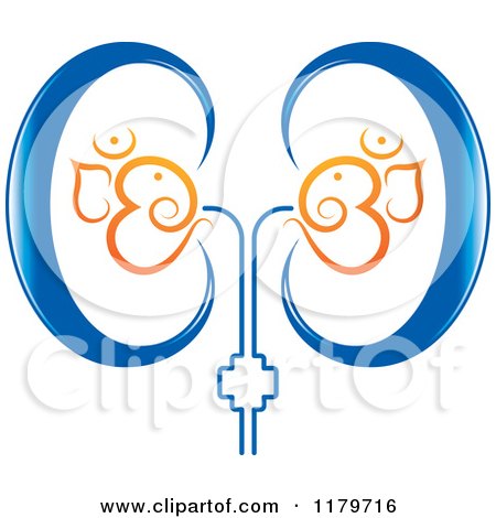 Clipart of a Blue Kidneys with the Aum Hinduism Symbol and a Cross - Royalty Free Vector Illustration by Lal Perera