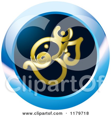 Clipart of a Gold Om or Aum Hinduism Symbol on a Blue Icon - Royalty Free Vector Illustration by Lal Perera