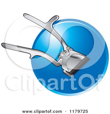 Clipart of a Pair of Hair Cutting Clippers over a Blue Circle - Royalty Free Vector Illustration by Lal Perera