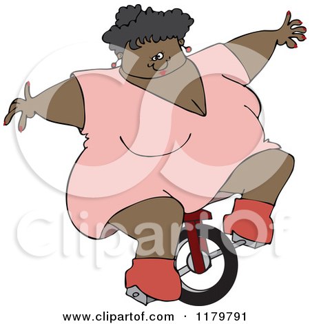 Cartoon of a Black Circus Fat Lady Riding a Unicycle - Royalty Free Vector Clipart by djart