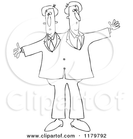 Cartoon of Outlined Circus Freak Siamese Twin Men - Royalty Free Vector Clipart by djart