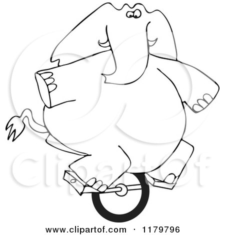 Cartoon of an Outlined Circus Elephant Riding a Unicycle - Royalty Free Vector Clipart by djart